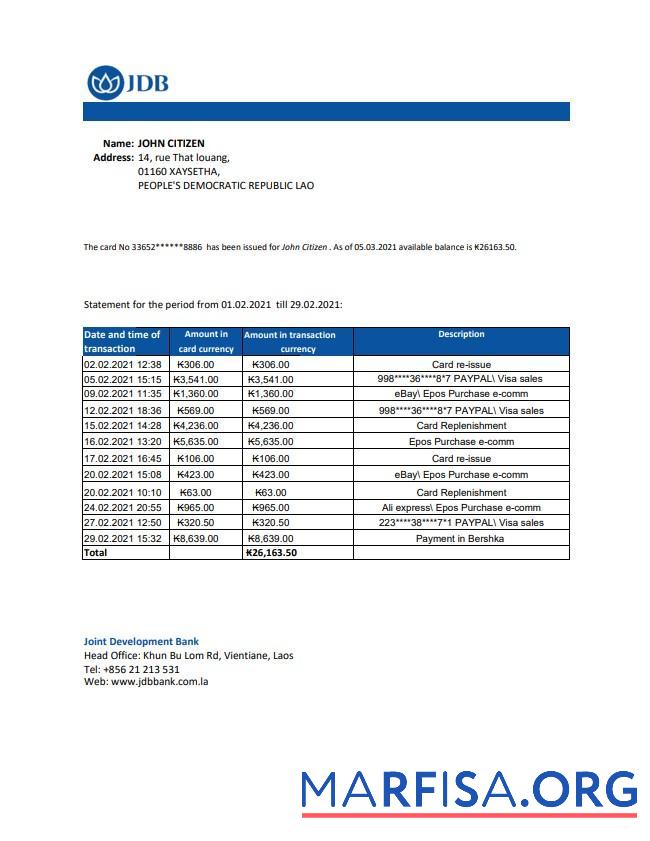 Printable Laos Joint Development bank (JDB) statement excel download for verification